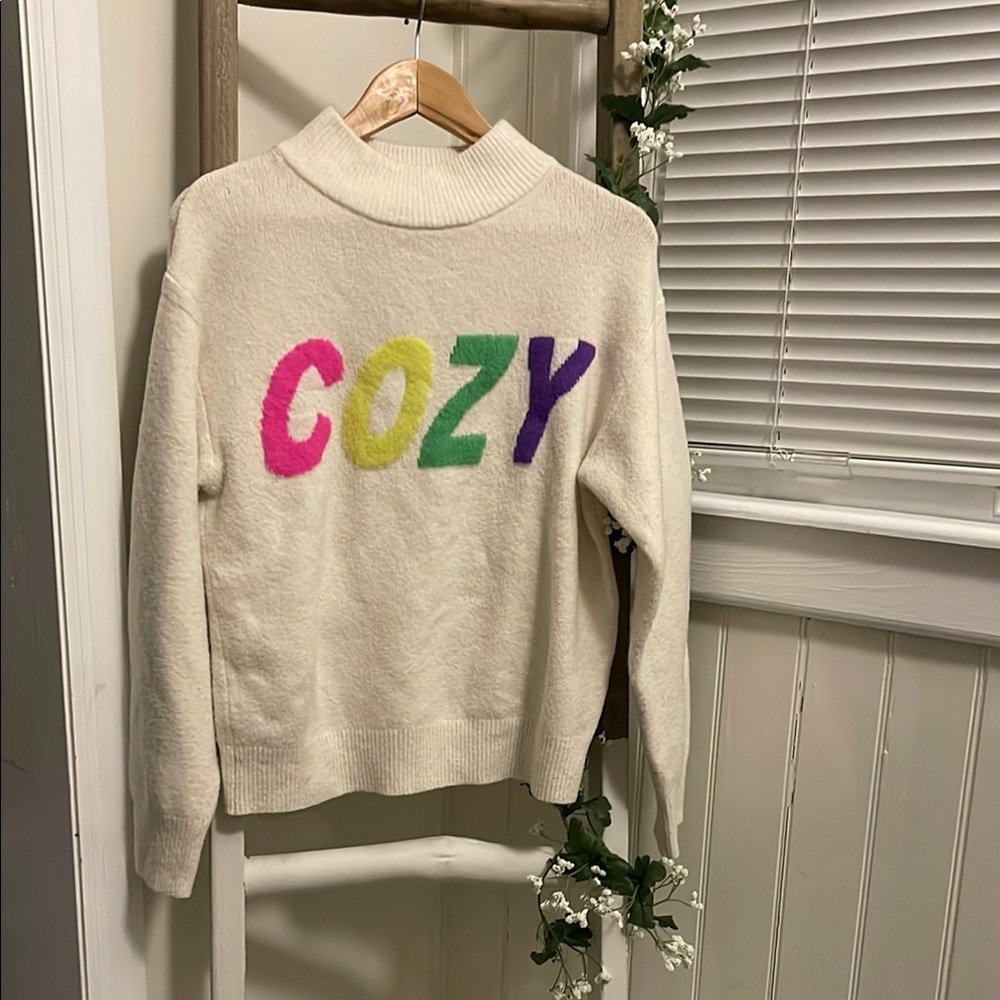 A New Day White and Pink Cowl Turtleneck Sweater